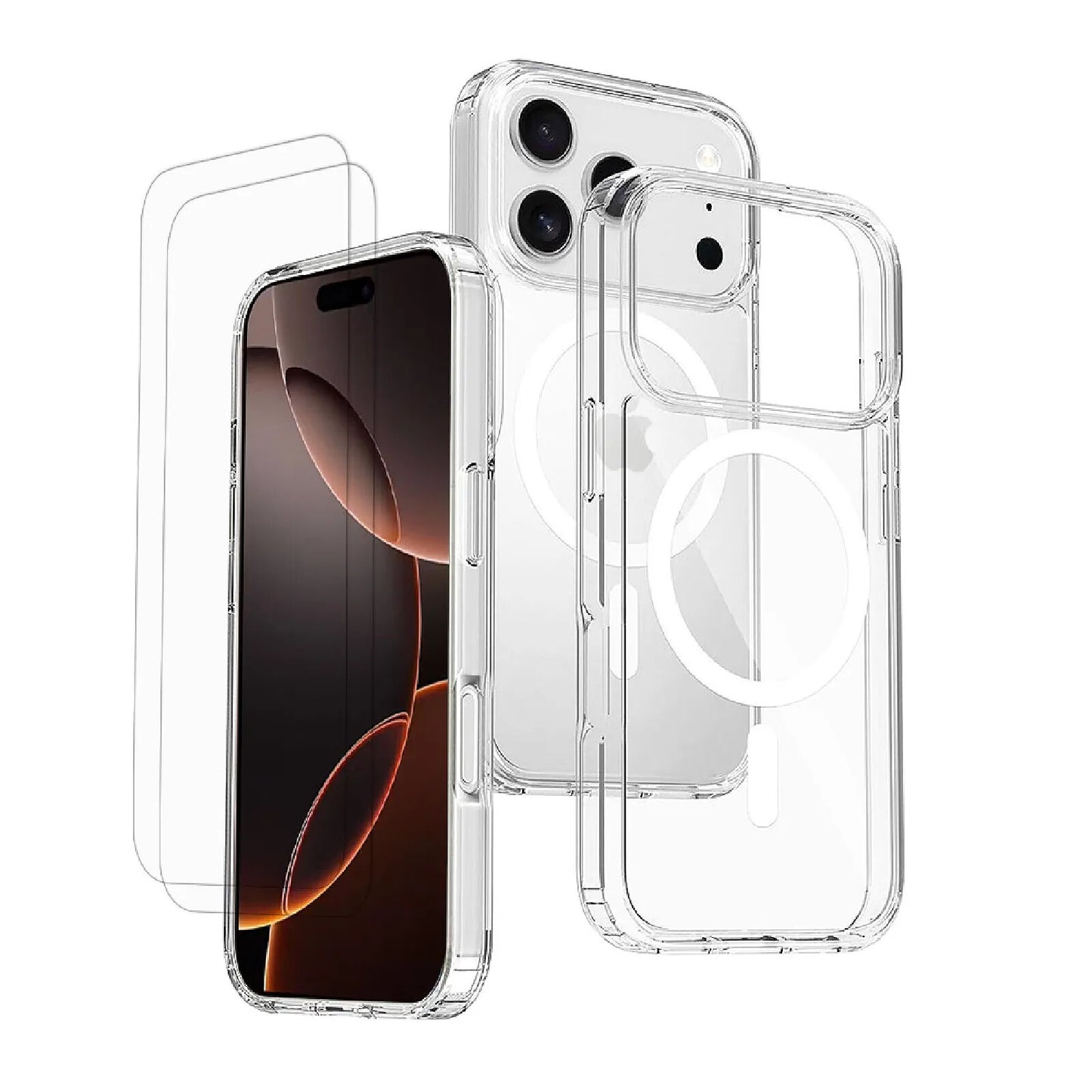 Coque iPhone transparente compatible Magsafe + 2 Vitres Protection Ecran